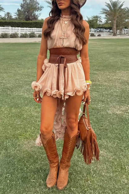 Delicate Romantic Drama Chiffon Wavy Ruffles Halter Irregular A-line Top