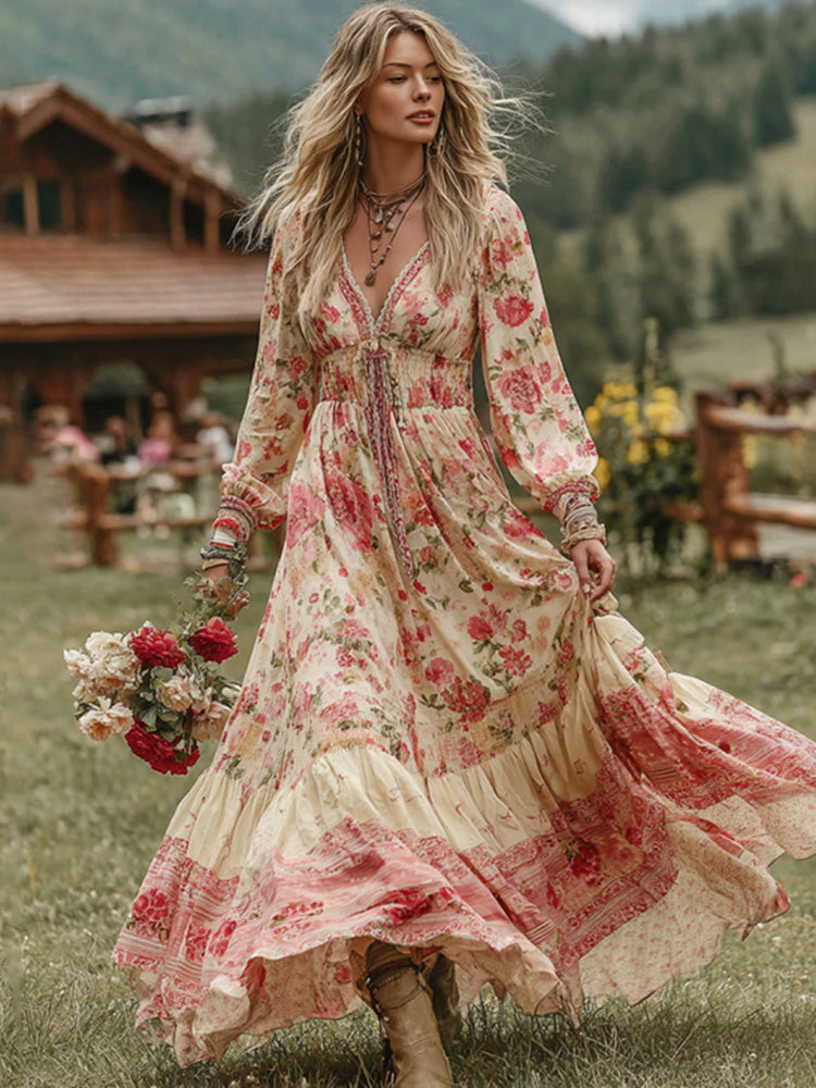 Women's Vintage Pink Rose Comfy Linen V-neck Dress