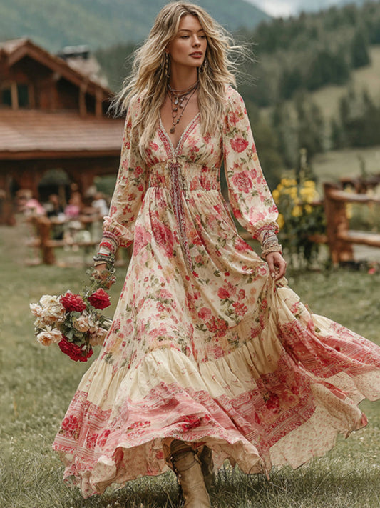 Women's Vintage Pink Rose Comfy Linen V-neck Dress
