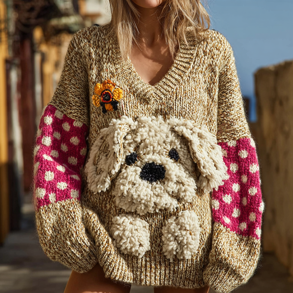 Lady Retro Cute Dog Plush Comfortable Knitted Sweater.