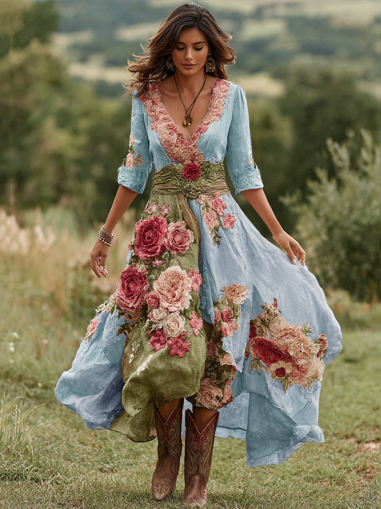 Women's Vintage Floral Art V Neck Linen Blend Maxi Dress 10e8