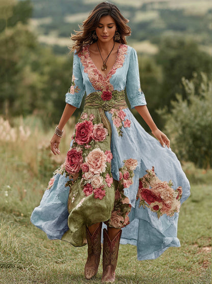 Women's Vintage Floral Art V Neck Linen Blend Maxi Dress 10e8