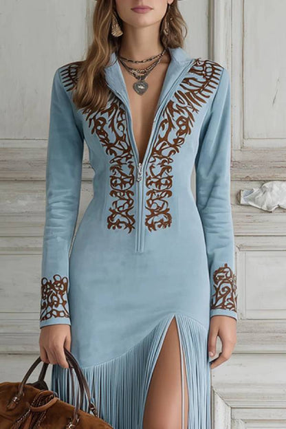 Western Half-Zip Embroidered Faux Suede Fringe Maxi Dress