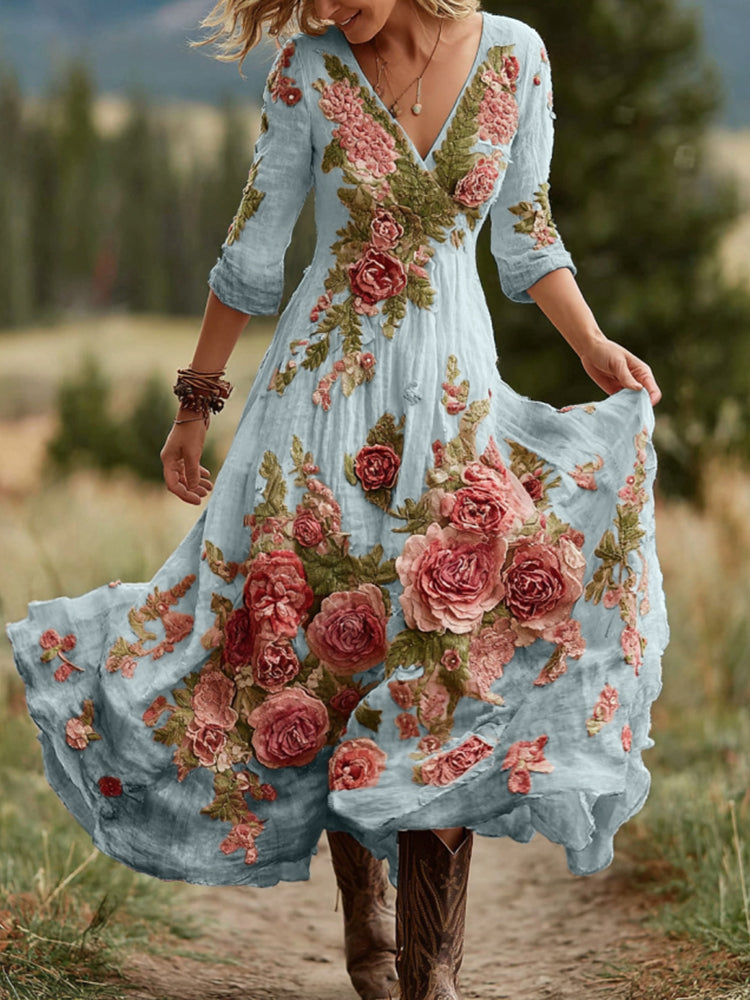 Women's Vintage Rose Floral Art V Neck Linen Blend Comfy Maxi Dress 3771