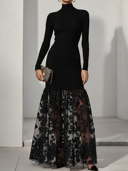 Black Mesh Floral Knit Mock Neck Long Sleeve A-Line Maxi Dress