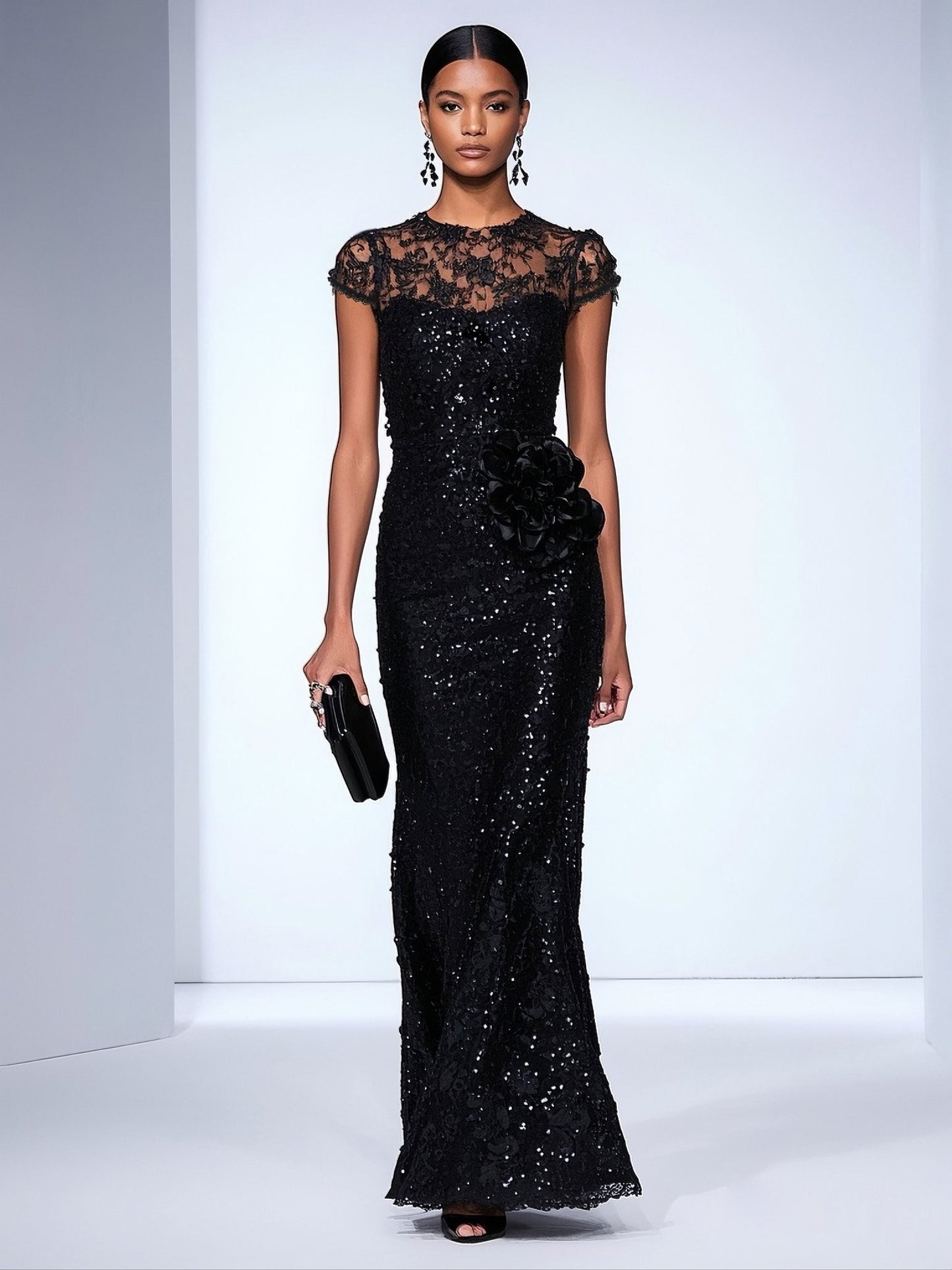 Black 3D Floral Lace Sequin Crew Neck Short Sleeve Sheath Maxi Dress