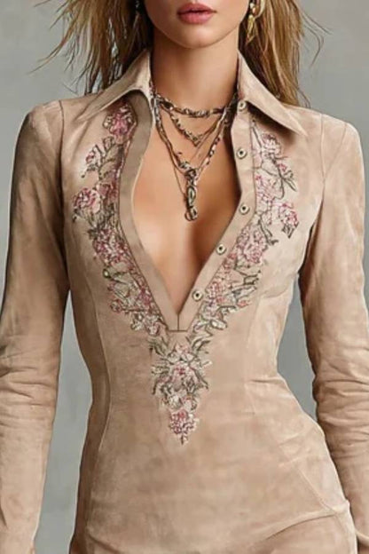 Beige Slim Suede Neck Floral Lapel Midi Dress