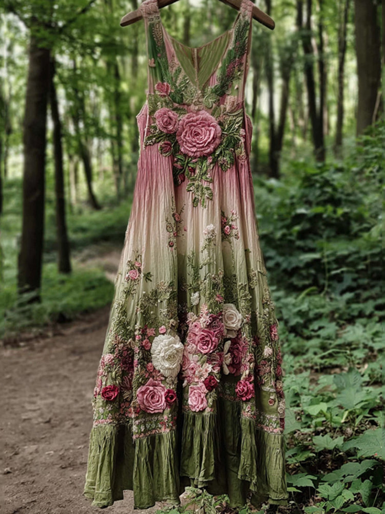 Vintage Classy Boho Gradient Pink Roses Embroidered Linen Maxi Dress 3fee