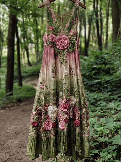 Vintage Classy Boho Gradient Pink Roses Embroidered Linen Maxi Dress 3fee