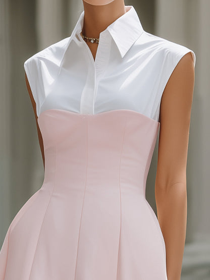 Structured Shirt-Collar Contrast Panel A-Line Midi Dress
