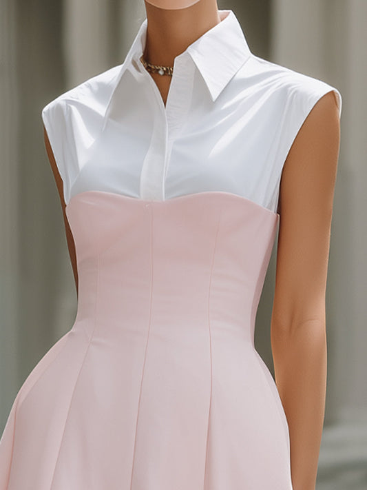 Structured Shirt-Collar Contrast Panel A-Line Midi Dress
