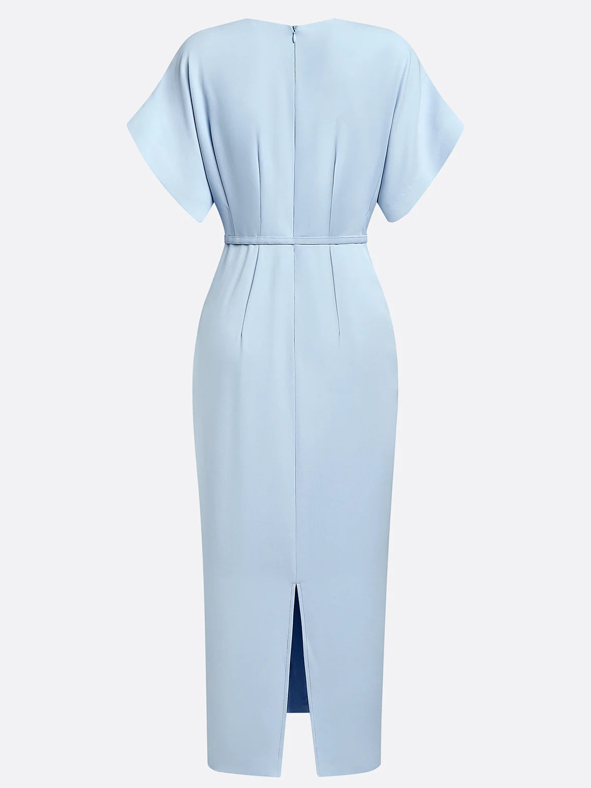 Light Blue Slit Classic V Neck Short Sleeve Dolman Sleeve Sheath Midi Dress With Belt