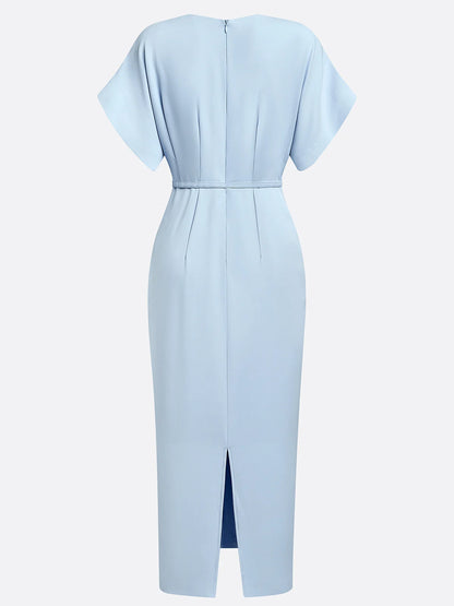 Light Blue Slit Classic V Neck Short Sleeve Dolman Sleeve Sheath Midi Dress With Belt
