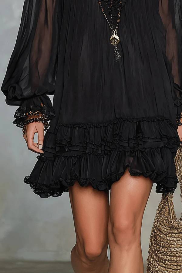 Black V-neck Lantern Sleeve Ruffled Chiffon Mini Dress