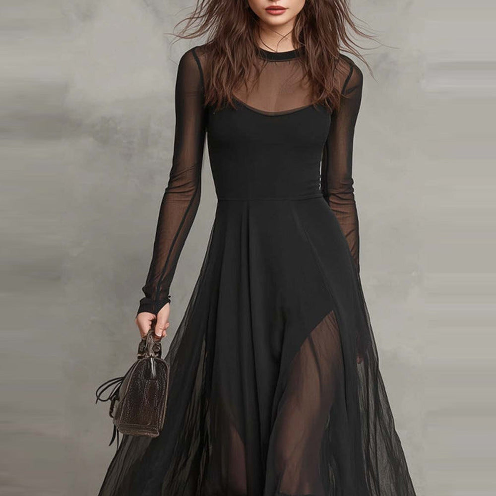 Black Tulle Patchwork Loose-fitting Maxi Dress
