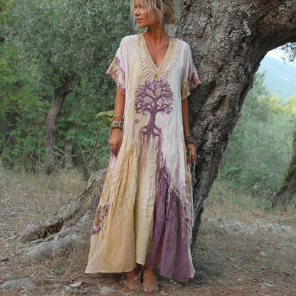 Women's Retro Tree Of Life Art Patchwork Short Sleeve Dress 8d94