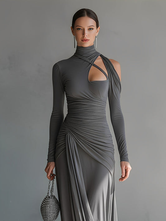 Women's Grey Silky Stretch Sophisticated Ruched Detail Cut-Out Maxi Dress MDA0546K6I