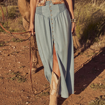 Western Spring Outfits Cotton Maxi Skirt With Front Button Detail And High Side Slit