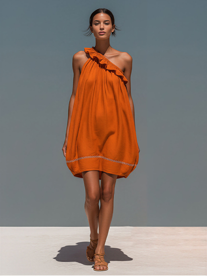 Women’s Orange Linen-Blend One-Shoulder Ruffled Mini Dress With Embroidered Hem MDZ2835D6T