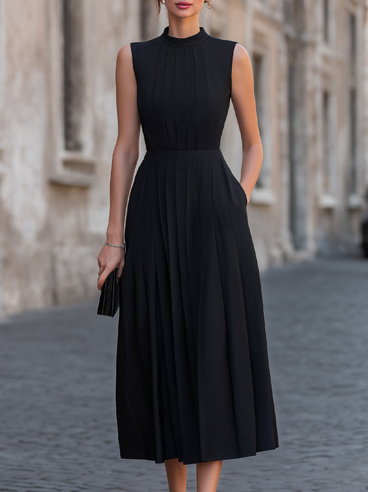 Pleated High-Neck Sleeveless Midi Dress
