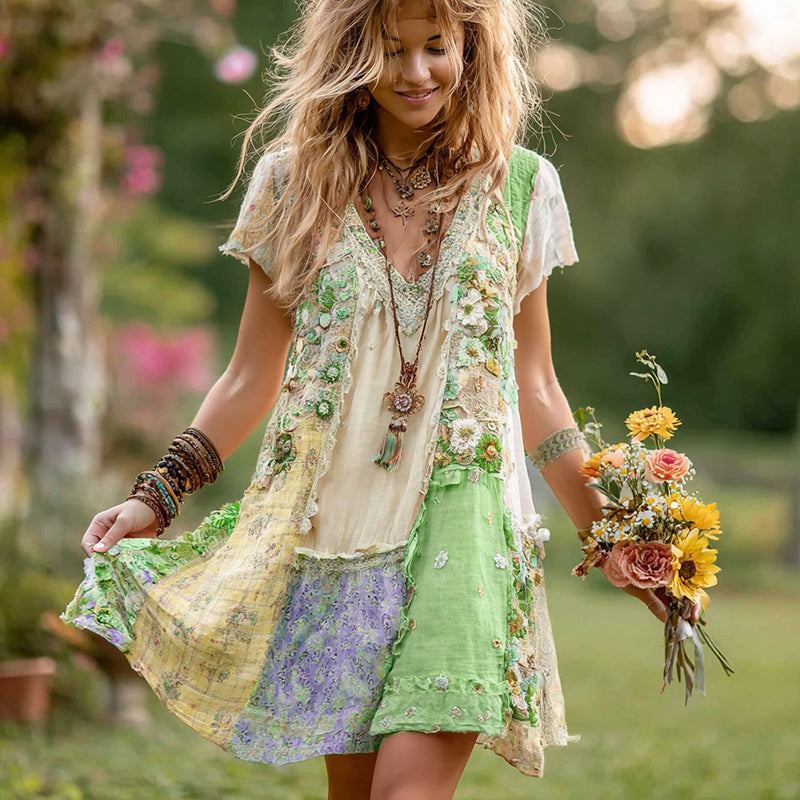 Women's Retro Floral Splicing Cotton And Linen Short Dress 6833