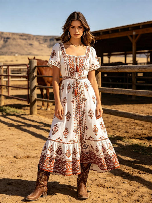 Women's Western Cowboy Boho Maxi Dress With Square Neck