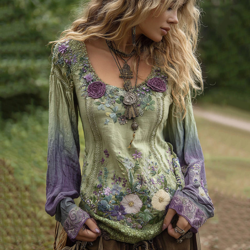 Classy Gradient Purple Lavender And Floral Embroidered Linen Long Sleeve Shirt d426
