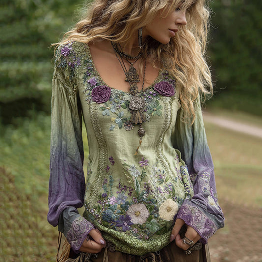 Classy Gradient Purple Lavender And Floral Embroidered Linen Long Sleeve Shirt d426