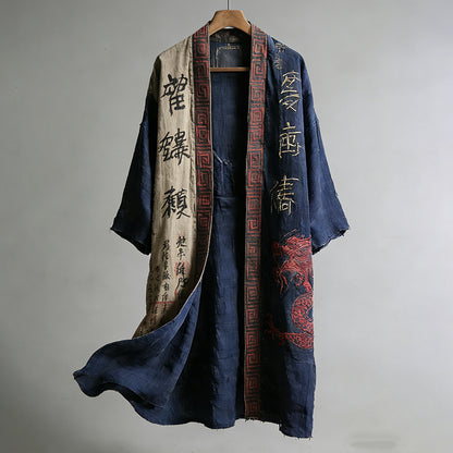 Men's Japanese Dragon Pattern Calligraphy And Painting Art Linen Long Kimono