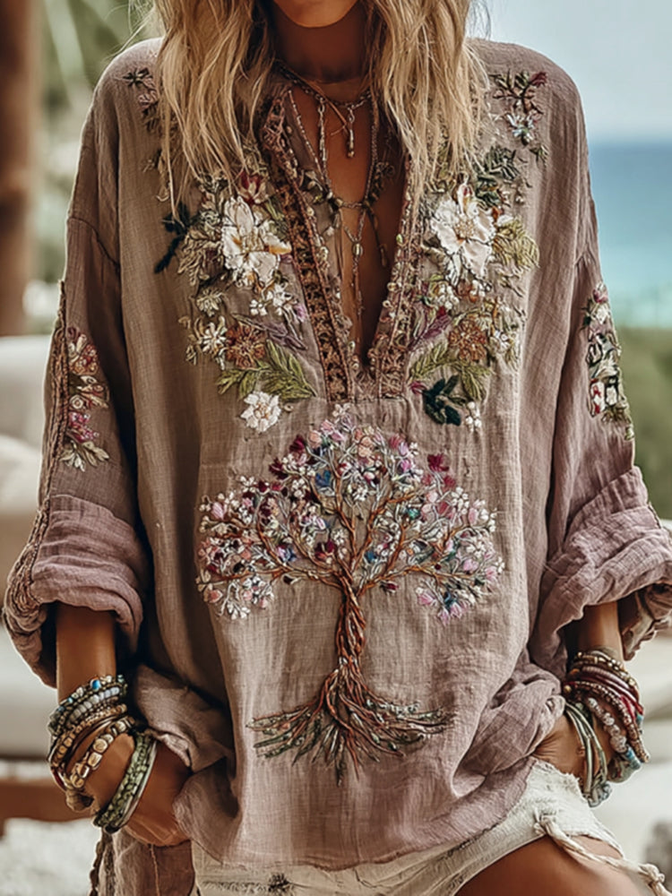 Women's Tribal Tree Of Life Floral Art Casual Shirt 5ae1