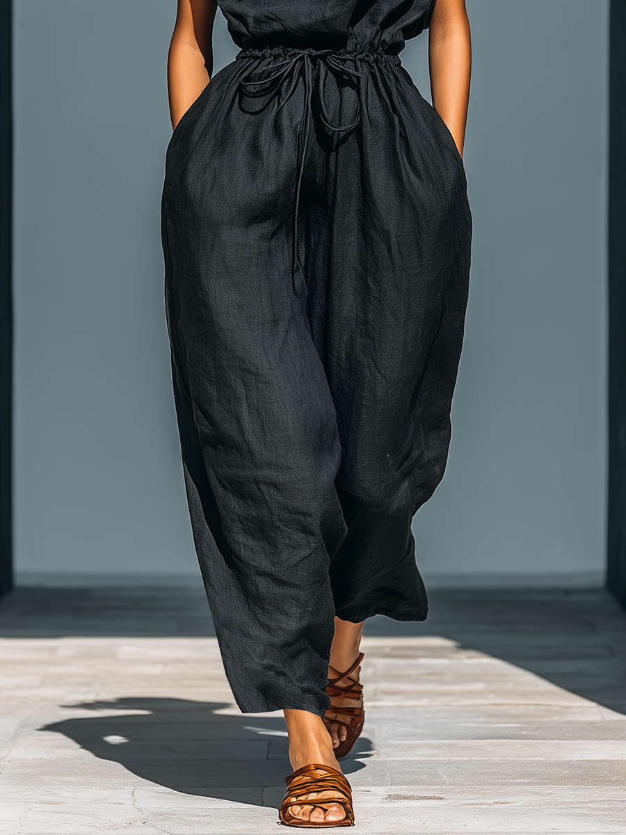 Women’s Black Linen-Blend Round Neck Cap Sleeve Drawstring Waist Backless Wide-Leg Jumpsuit MDZ2209D3T