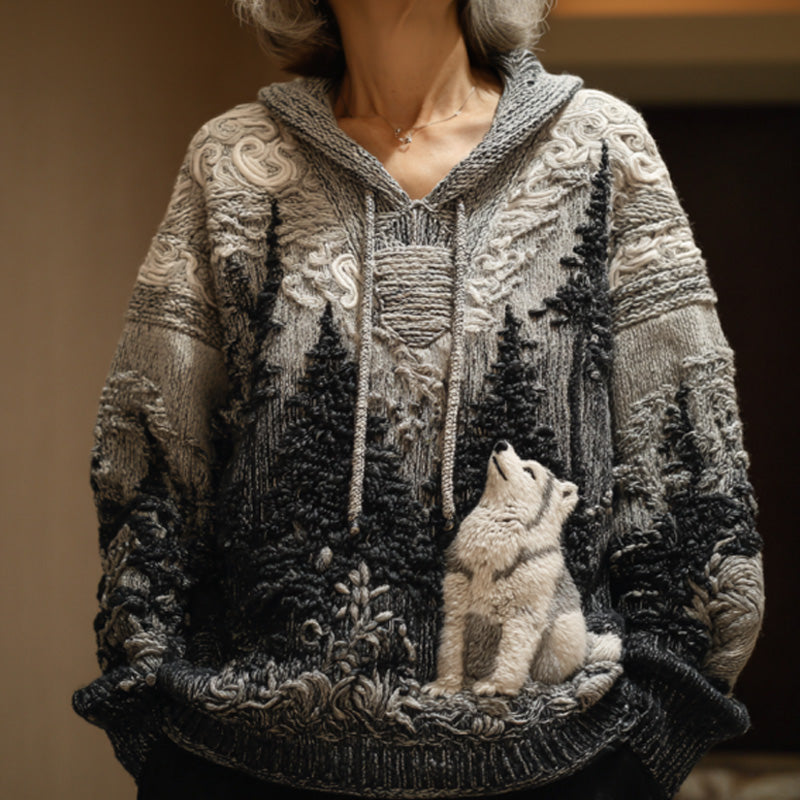 Women's Vintage Dog Embroidered Hooded Sweater