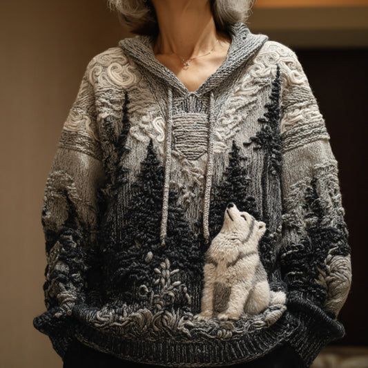 Women's Vintage Dog Embroidered Hooded Sweater