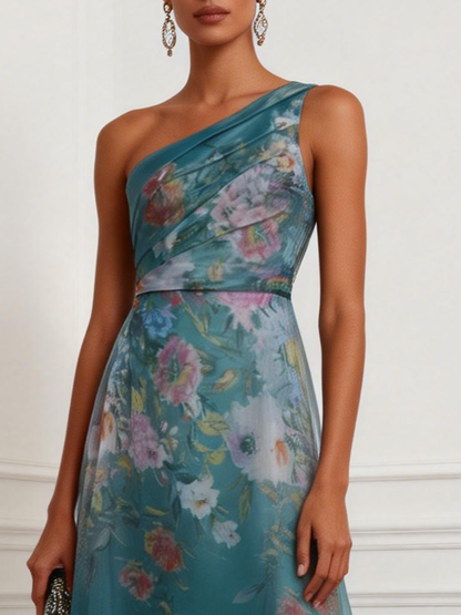 Cyan Floral Ruched Tulle One Shoulder Sleeveless A-Line Midi Dress
