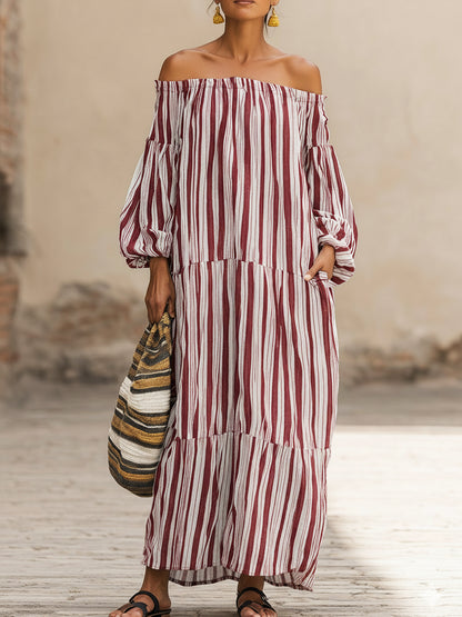 Casual Vacation Off-the-shoulder Striped Linen Dress