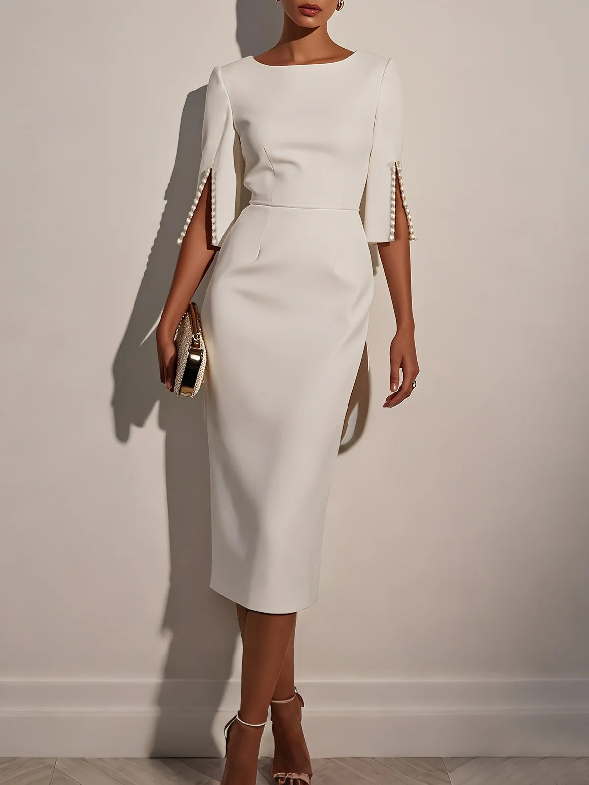 White Faux Pearl Classic Crew Neck Half Sleeve Sheath Midi Dress