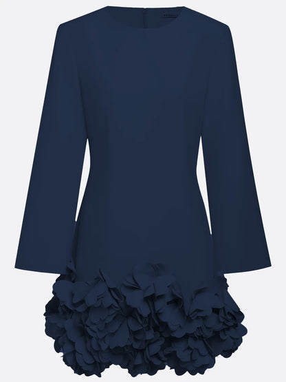Purplish blue 3D Floral Classic Crew Neck Bell Long Sleeve Shift Mini Dress