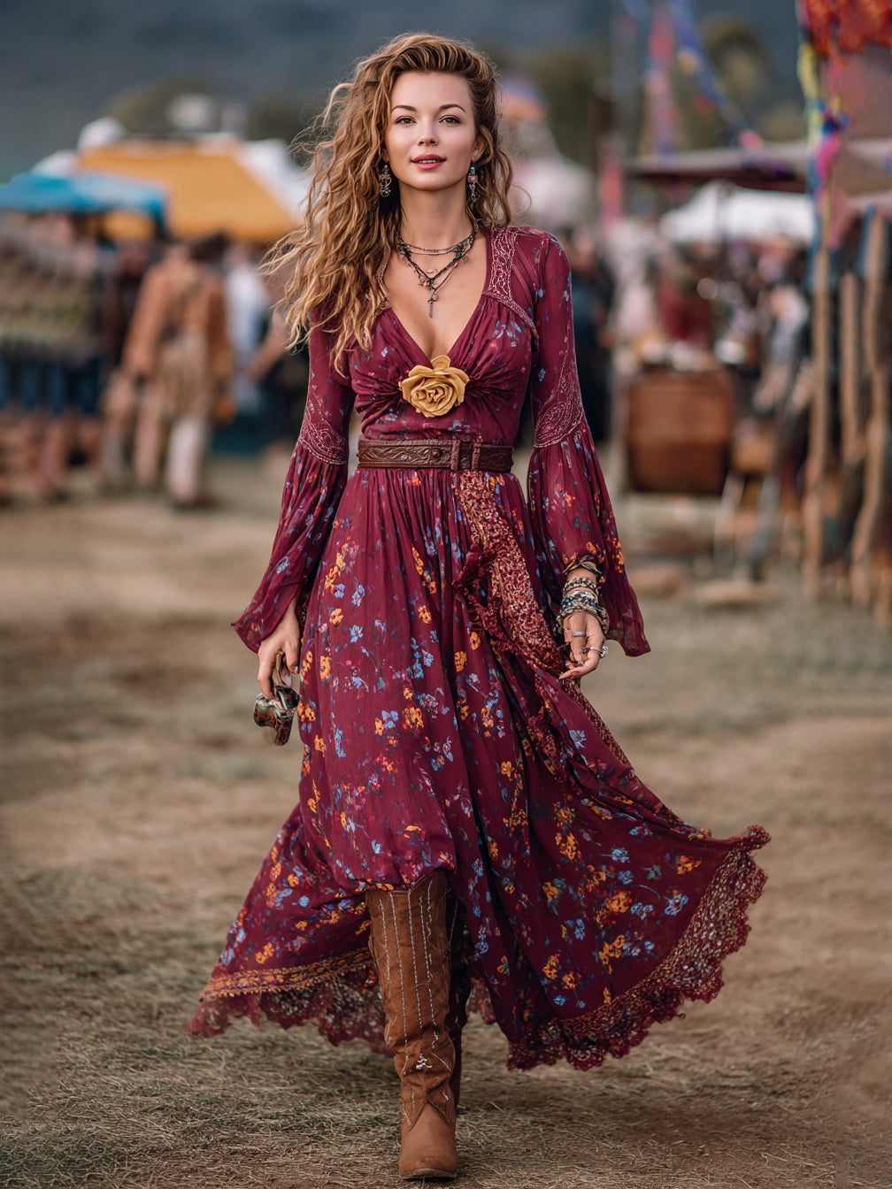 Bohemian Floral Print Maxi Dress With Lace Trim And Rose Detail In Soft Chiffon Fabric