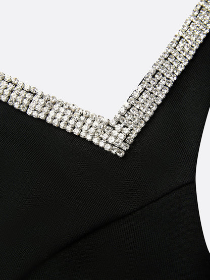 Black Rhinestone Ruched Knit Square Neck Sleeveless Bodycon Midi Dress