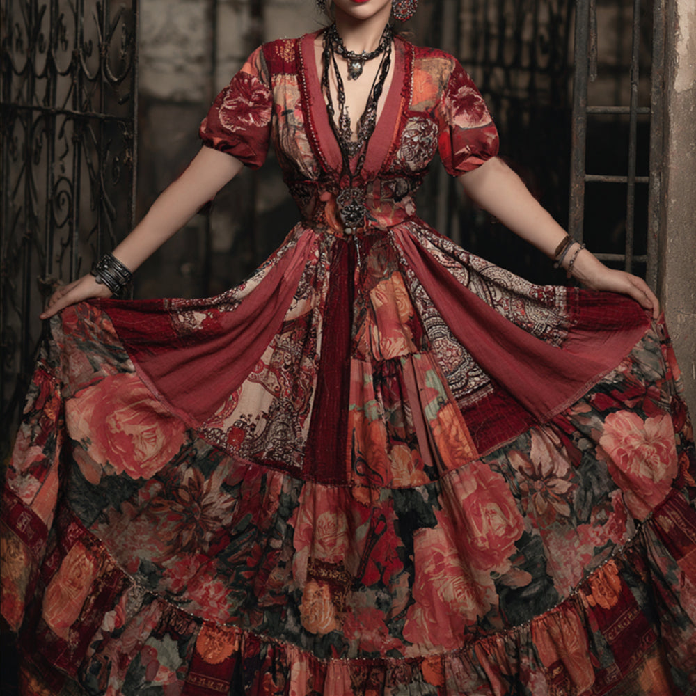 Bohemian-style Floral Rose V-neck Patchwork Dress