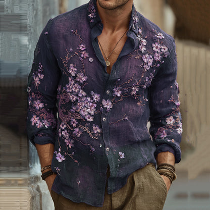 Men's Vintage Japanese Sakura Embroidered Art Lapel Long Sleeve Linen Shirt