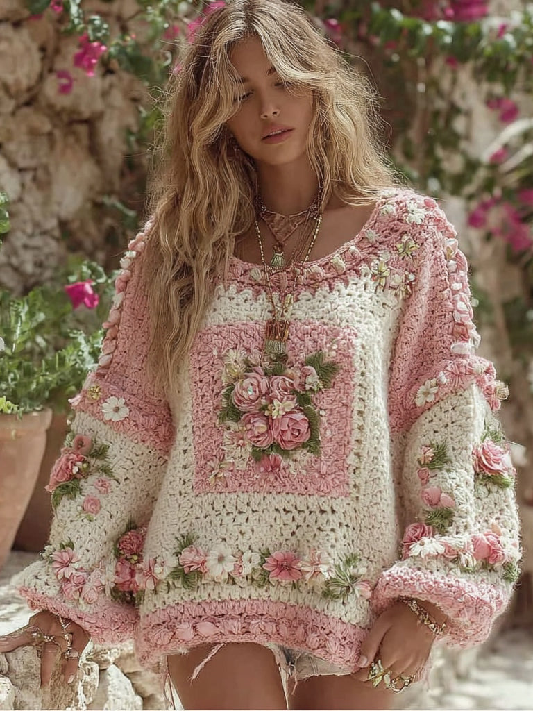 Women's Boho Granny Check Chunky Knit Crew Neck Sweater