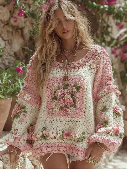 Women's Boho Granny Check Chunky Knit Crew Neck Sweater