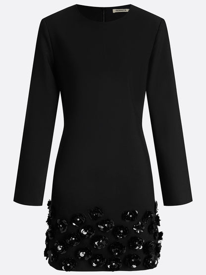 Black 3D Floral Classic Crew Neck Long Sleeve Bell Sleeve A-Line Mini Dress