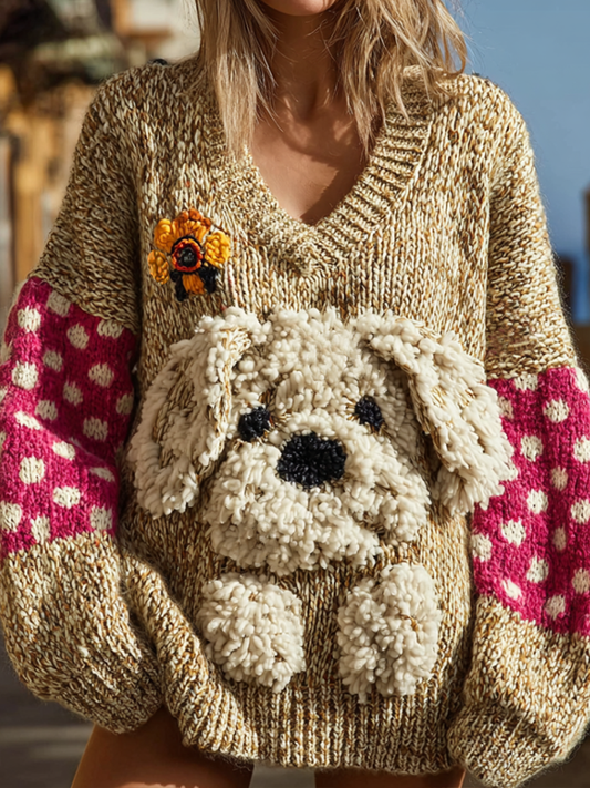 Lady Retro Cute Dog Plush Comfortable Knitted Sweater.