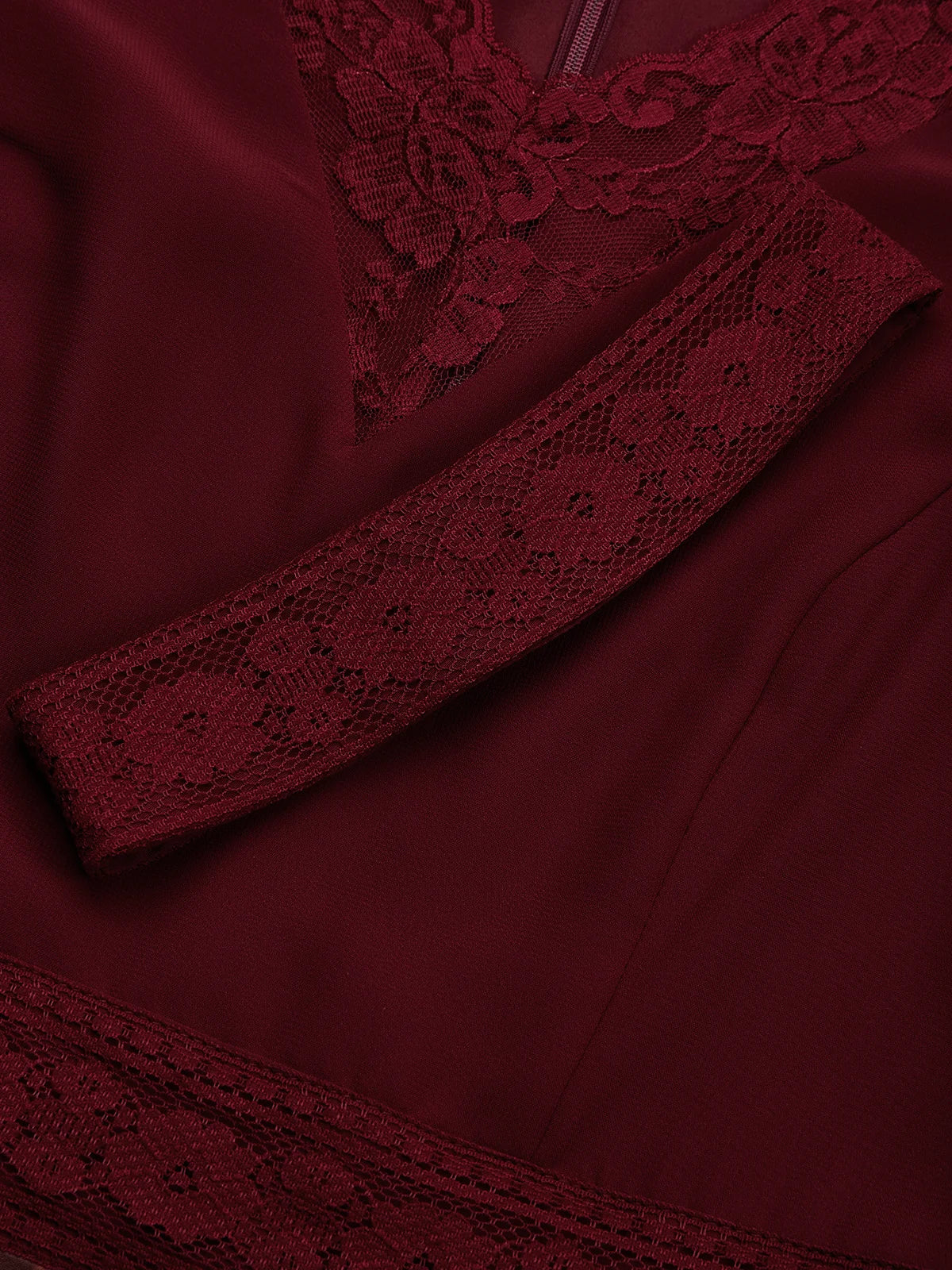 Wine Red Lace Floral Satin V Neck Short Sleeve A-Line Maxi Dress