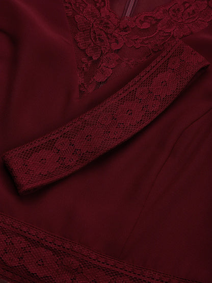 Wine Red Lace Floral Satin V Neck Short Sleeve A-Line Maxi Dress