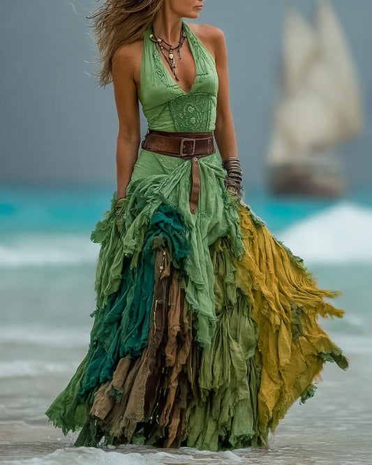 Elegant Seaside Irregular Patchwork Green Dress  c60b