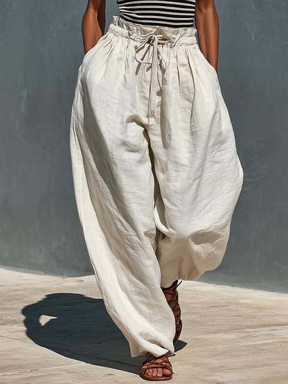 Women’s Black & White Striped Ribbed Knit Halter Top & Beige Linen Drawstring Wide-Leg Pants Two-Piece Set With Pockets MDZ2206D5T