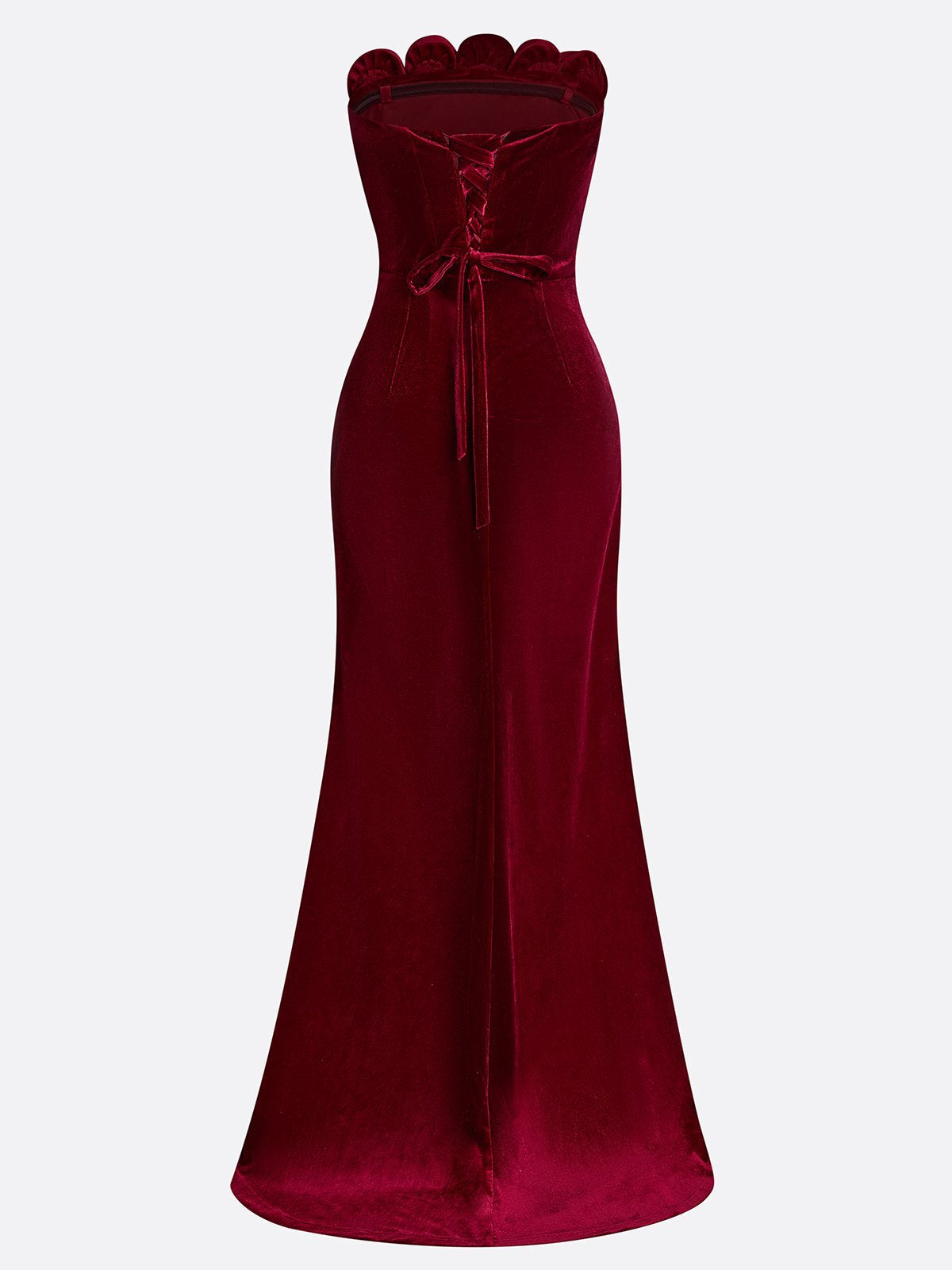 Wine Red 3D Floral Velvet Strapless Sleeveless Sheath Gown Dress